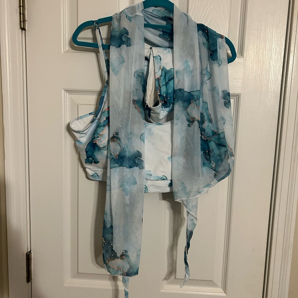 Turquoise Marble Bikini with Sarong